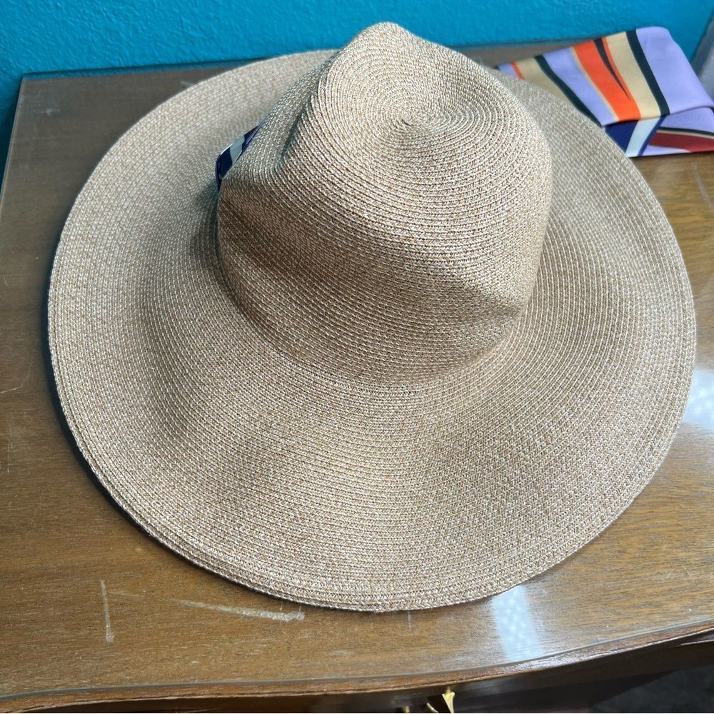 Eugenia Kim Straw Sun Hat with Multicolor Silk Scarf Tie - Picture 3 of 5